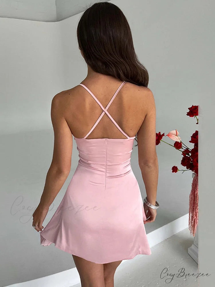 Sleeveless Mini Spaghetti Party Deep Strap V Club Warm-Season Gown Robe Backless Women Satin Neck Vestido