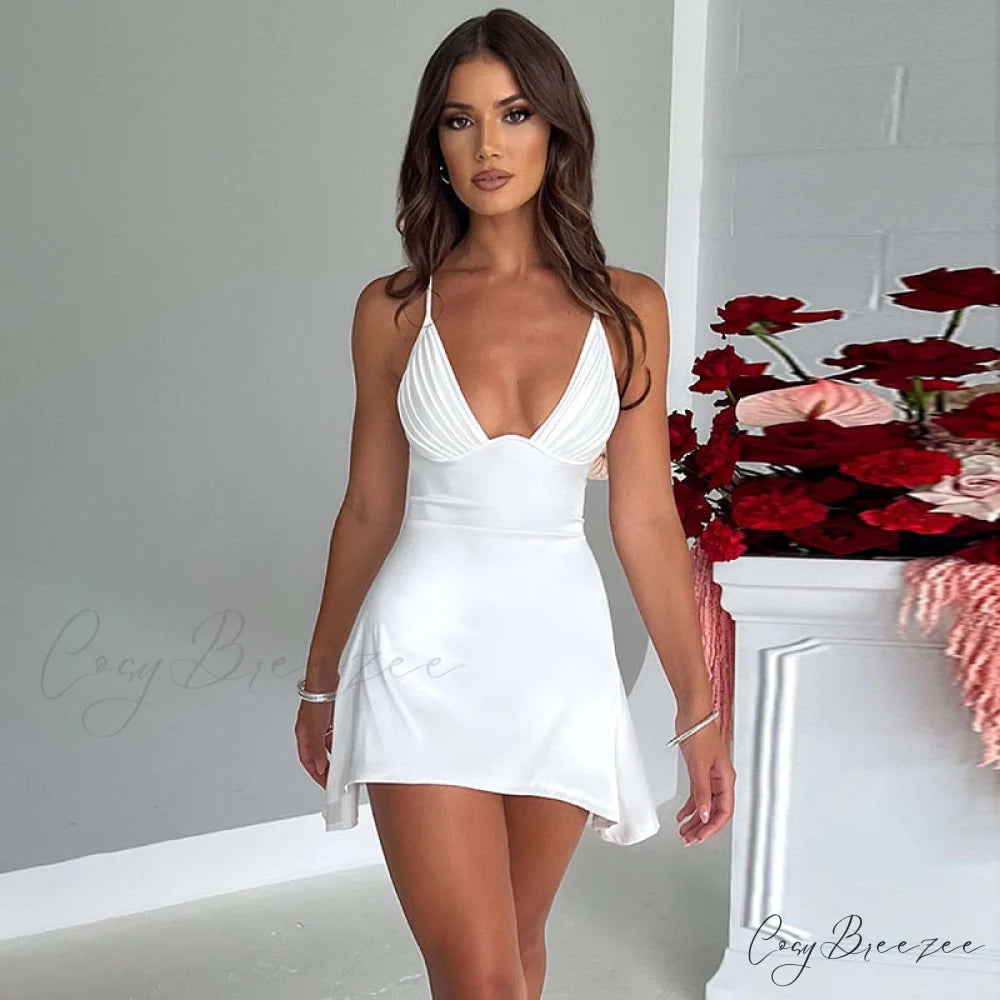 Sleeveless Mini Spaghetti Party Deep Strap V Club Warm-Season Gown Robe Backless Women Satin Neck Vestido