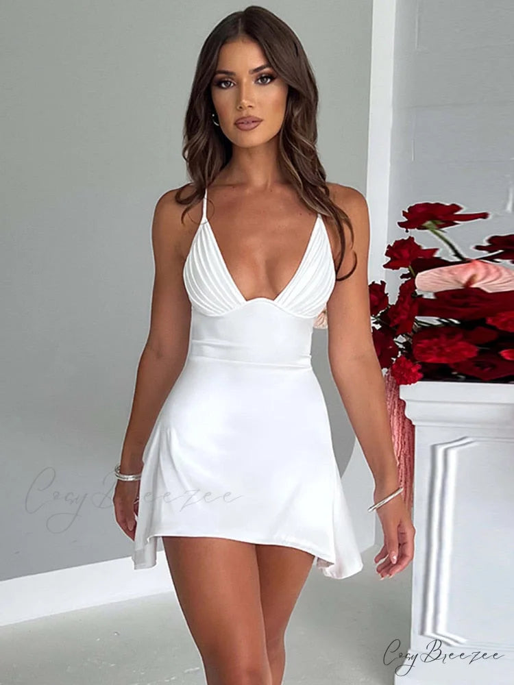 Sleeveless Mini Spaghetti Party Deep Strap V Club Warm-Season Gown Robe Backless Women Satin Neck Vestido White / S