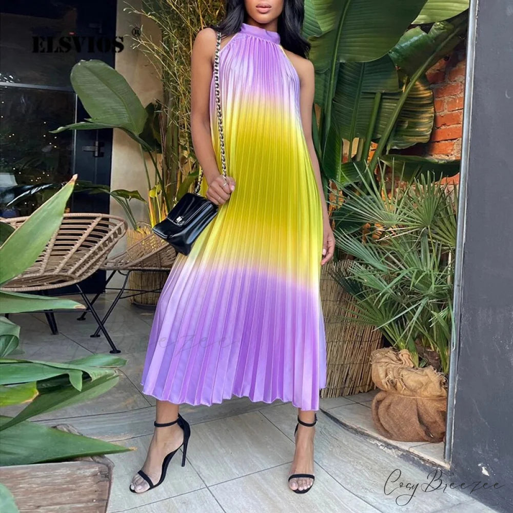 Sleeveless Party Spring/Summer Lady Dresses Fashion Elegant Casual Bohemian Loose Coastal Folded O Neck Women Gown Long