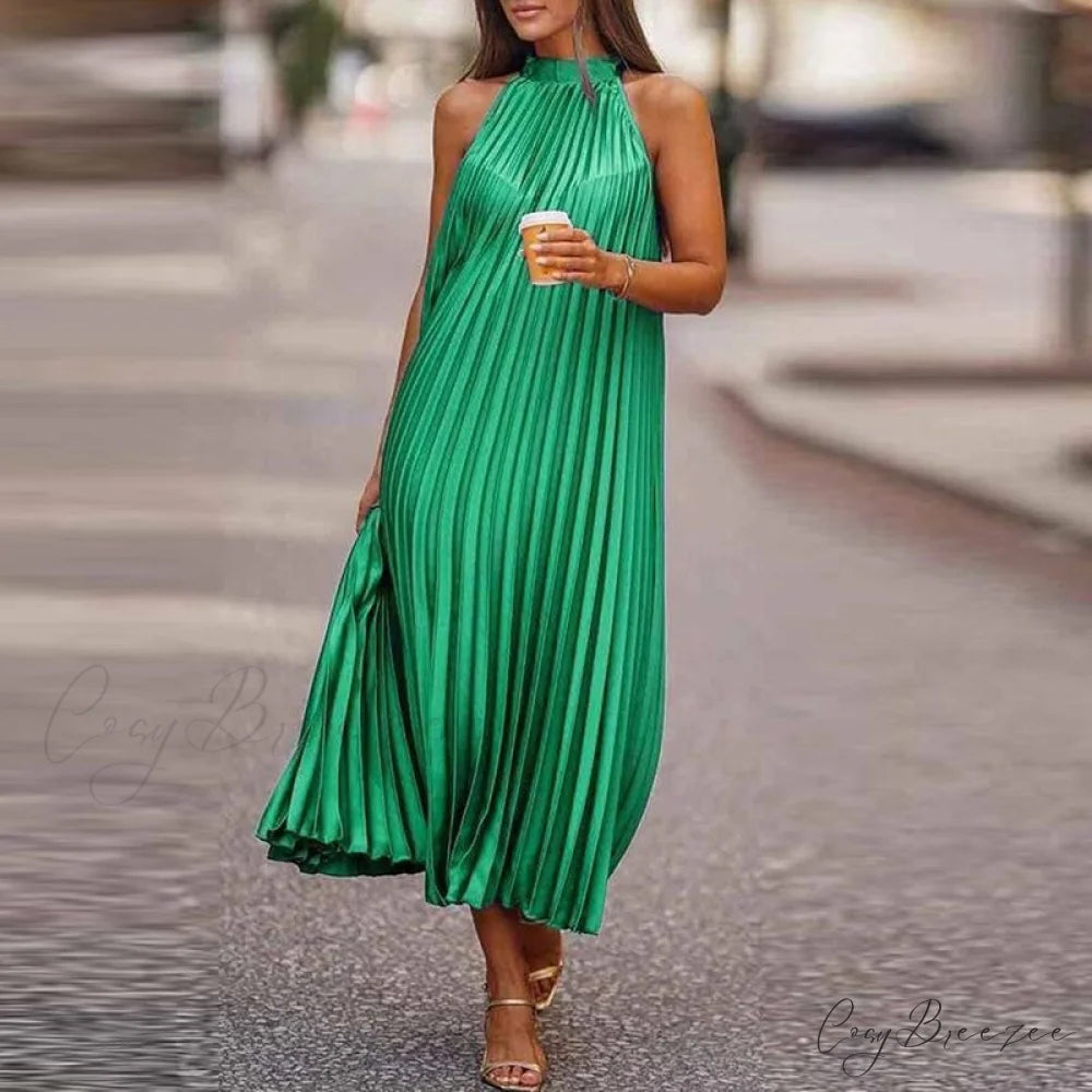 Sleeveless Party Spring/Summer Lady Dresses Fashion Elegant Casual Bohemian Loose Coastal Folded O Neck Women Gown Long