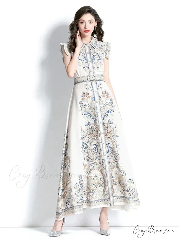Sleeveless Patterned with Gown Lapel S / white