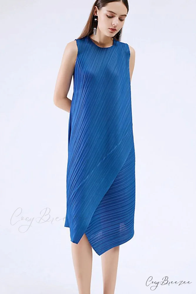 Sleeveless Pleated Midi Dress with Irregular Hem