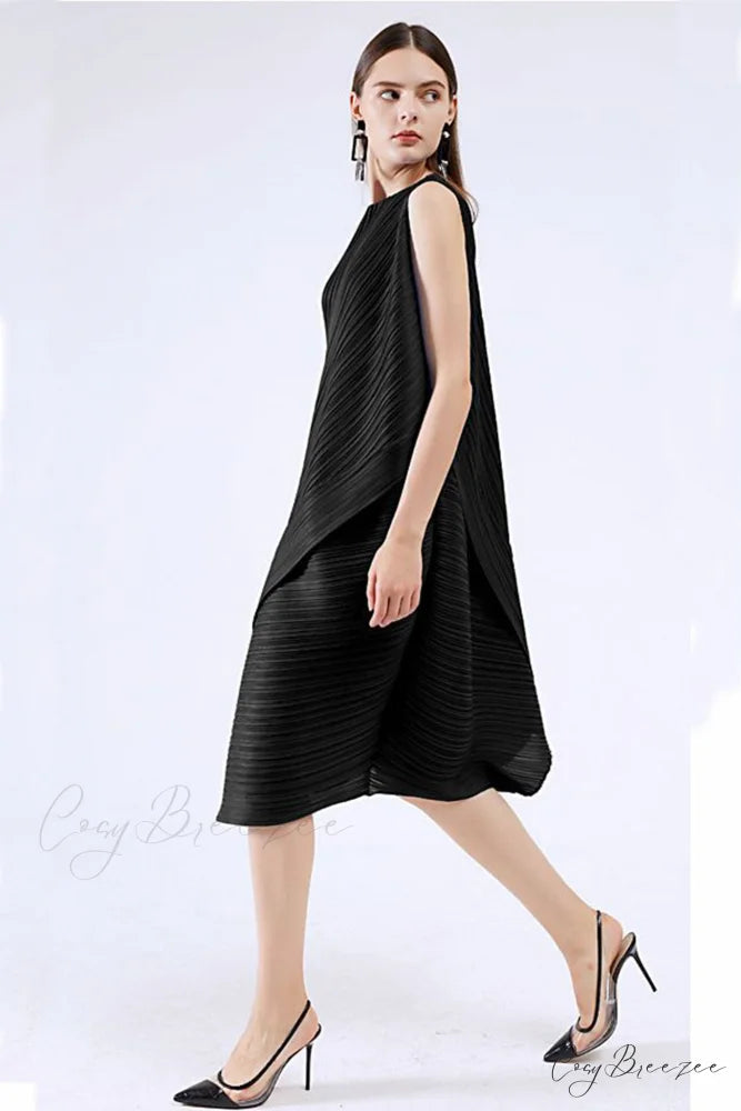 Sleeveless Pleated Midi Dress with Irregular Hem