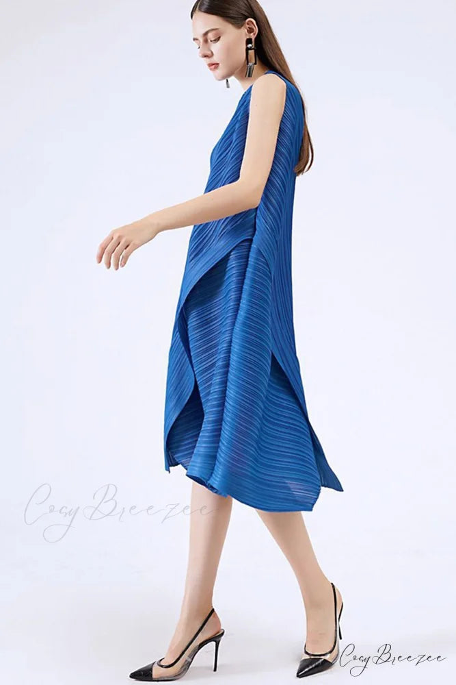 Sleeveless Pleated Midi Dress with Irregular Hem Blue / One Size