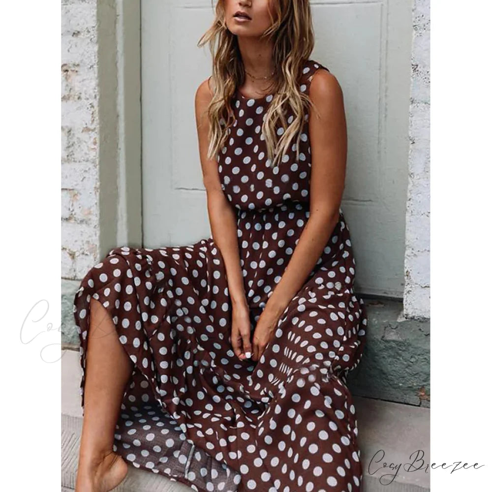 Sleeveless Polka Dot Long Dress for Women Khaki / S