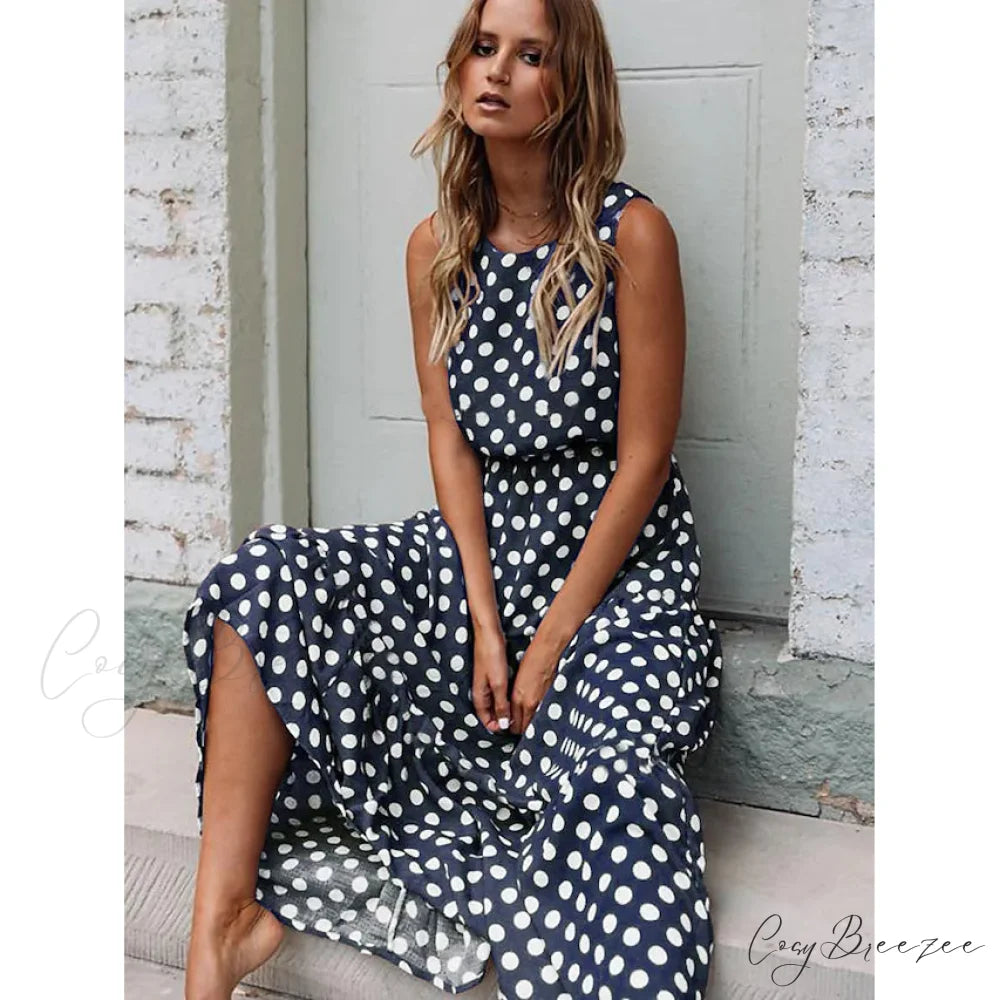 Sleeveless Polka Dot Long Dress for Women Navy Blue / S