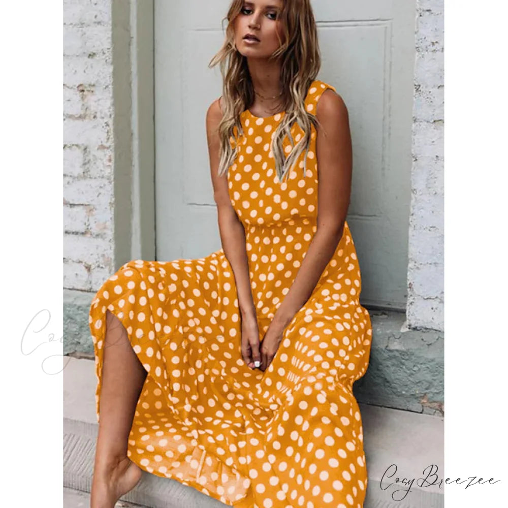 Sleeveless Polka Dot Long Dress for Women Yellow / S