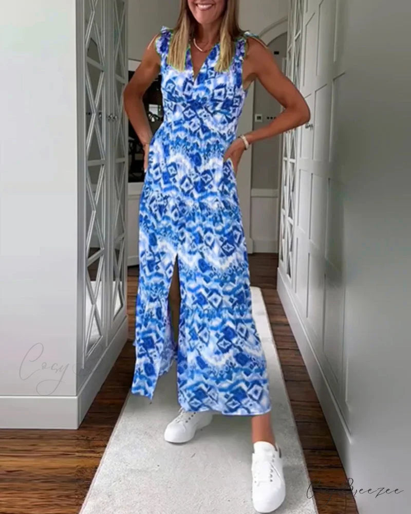 Sleeveless Printed Dress with Slit Blue / S