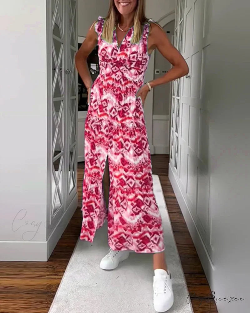 Sleeveless Printed Dress with Slit Red / S