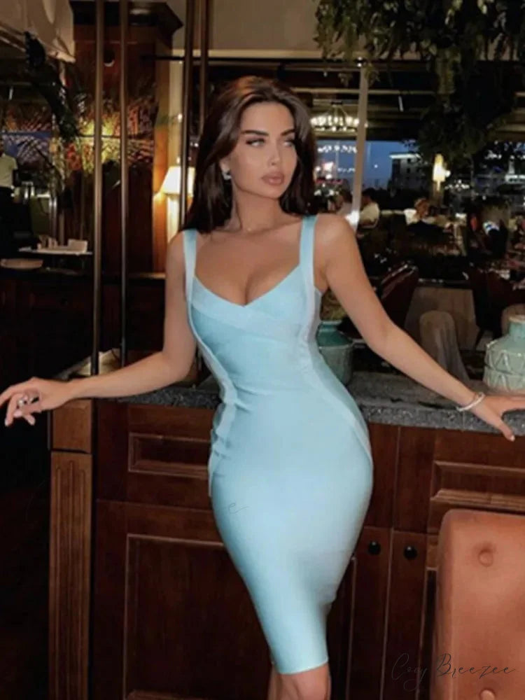 Sleeveless Rayon Bodycon Party Dress SKY BLUE / S