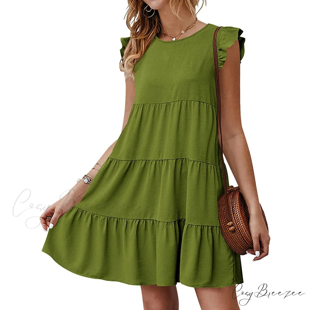 Sleeveless Ruffle Sleeve Summer Dress for Women Army Green / S