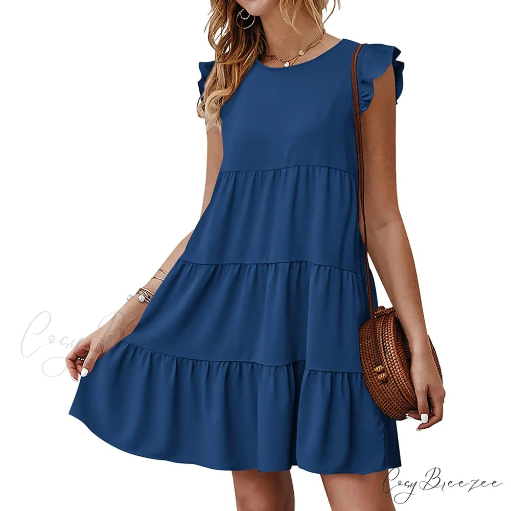Sleeveless Ruffle Sleeve Summer Dress for Women Dark Blue / S