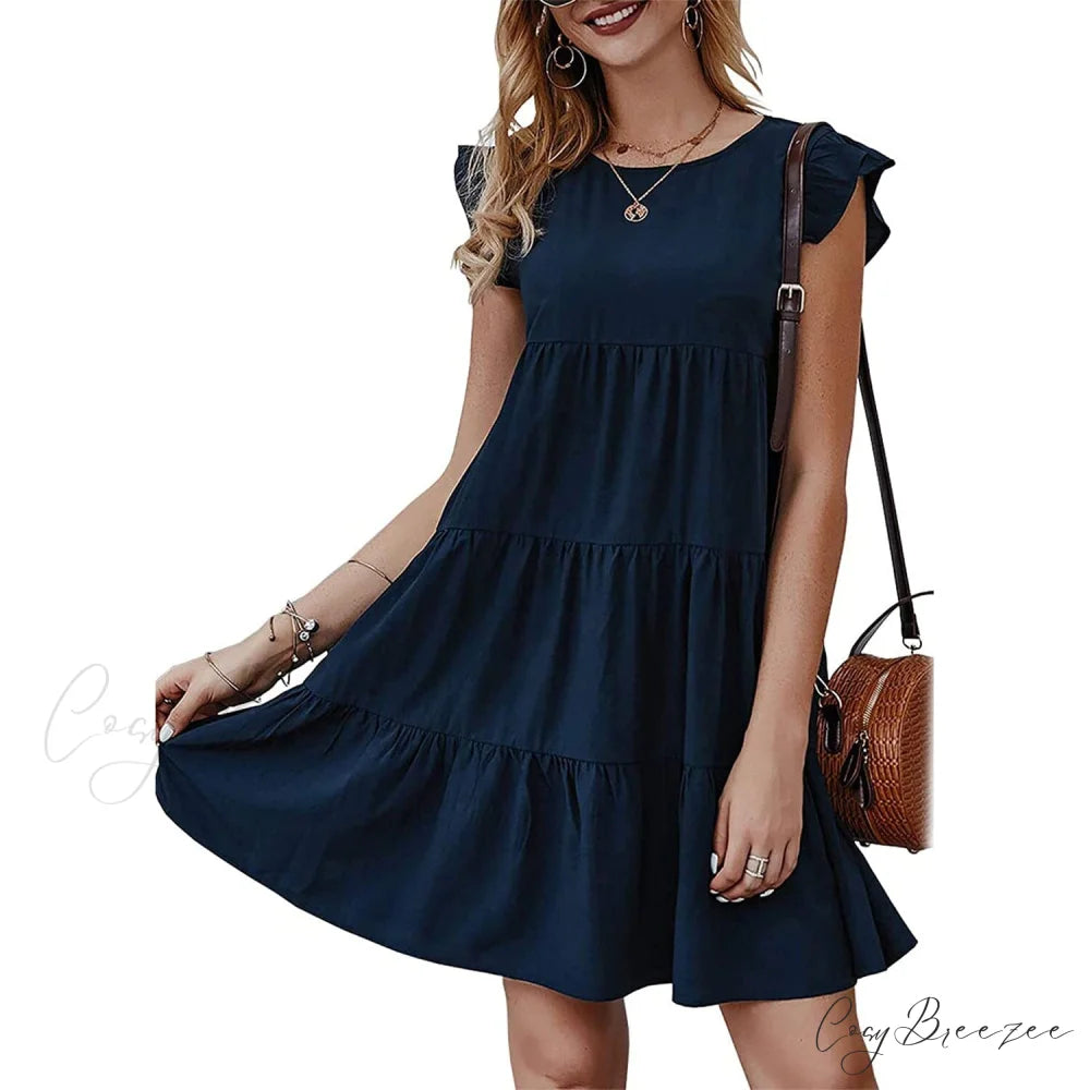 Sleeveless Ruffle Sleeve Summer Dress for Women Navy / S