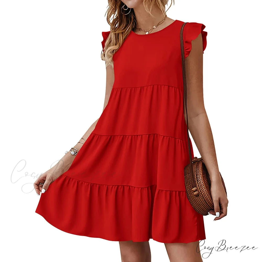 Sleeveless Ruffle Sleeve Summer Dress for Women Red / S