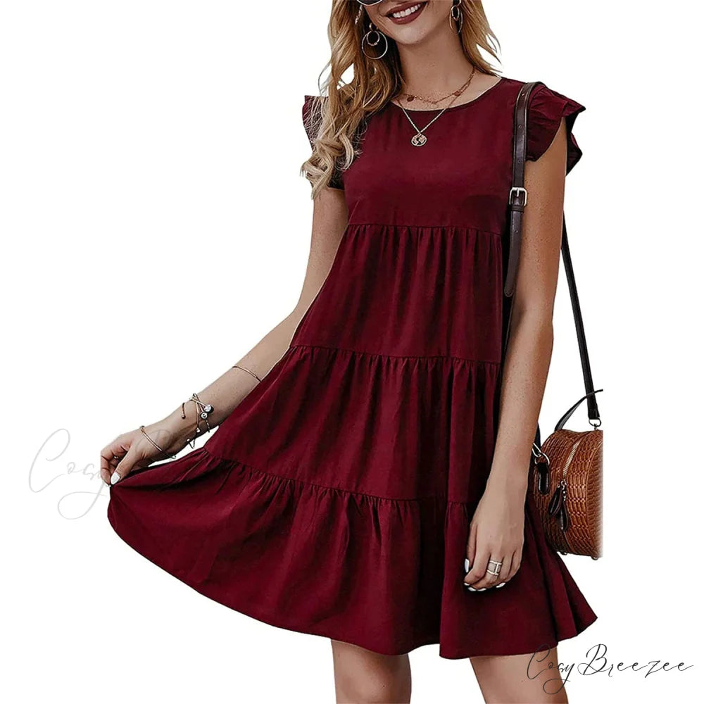 Sleeveless Ruffle Sleeve Summer Dress for Women Wine Red / S