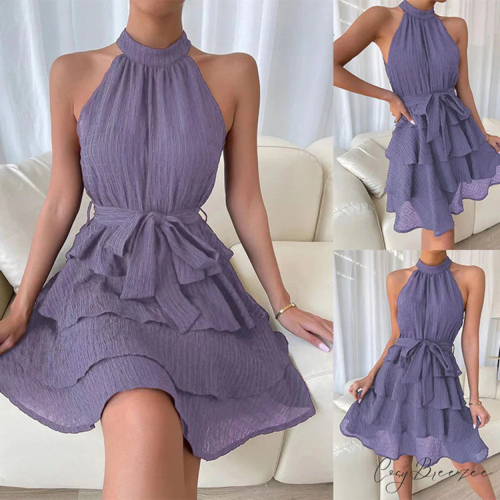 Sleeveless Ruffled Dress M / Navy Blue