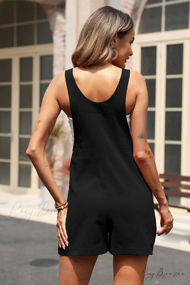 Sleeveless Single-breasted Rompers Black / L