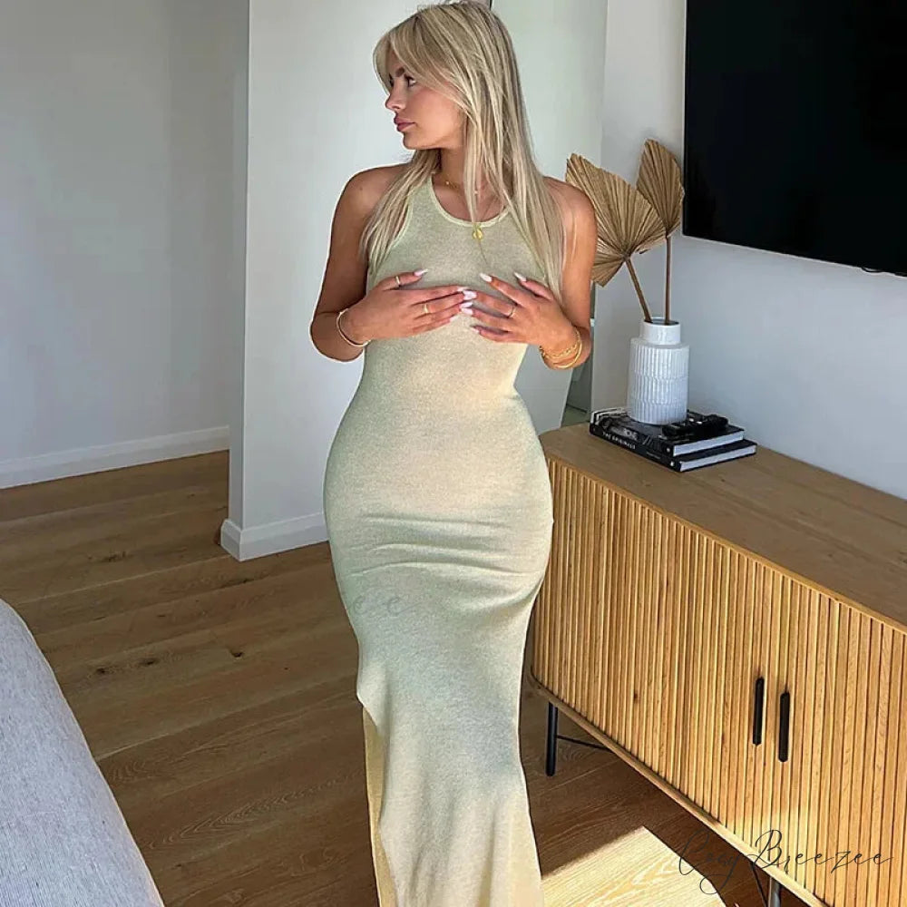 Sleeveless Split Chic Rave Festival See Through Glitter Midi Dress apricot / S