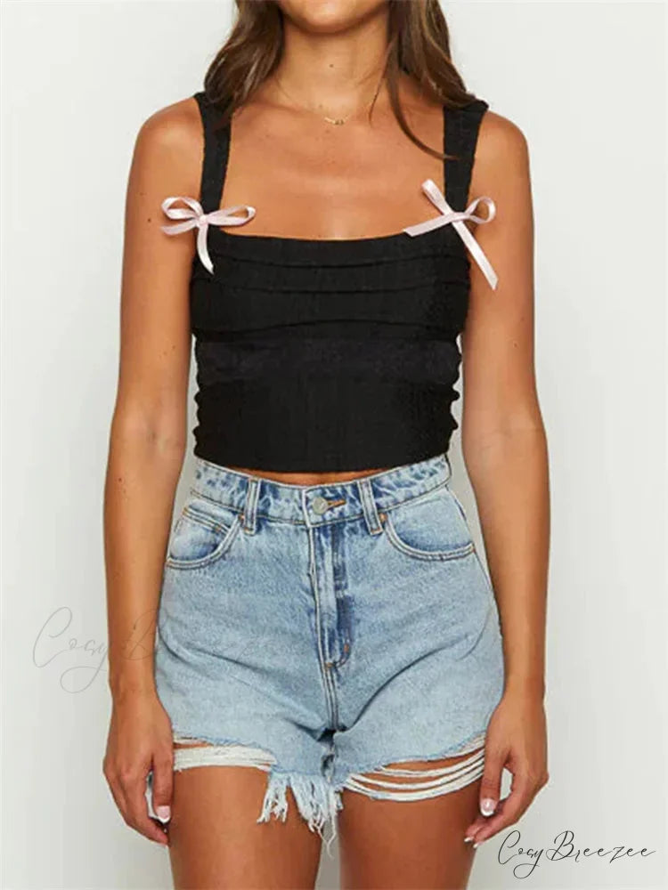 Sleeveless Square Neck Bow Tie-up Crop Top croptop-250126