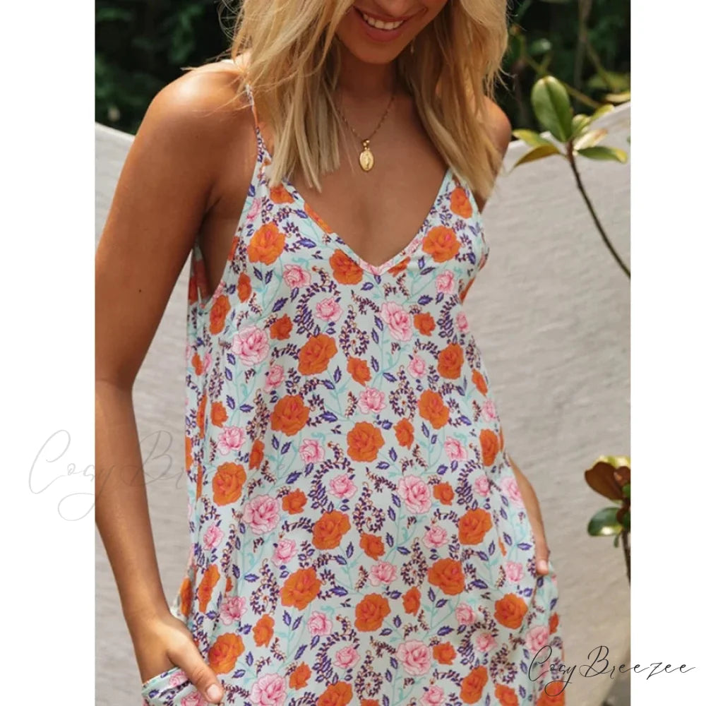 Sleeveless Strap Backless Deep V-neck Summer Dress bohodress-250126