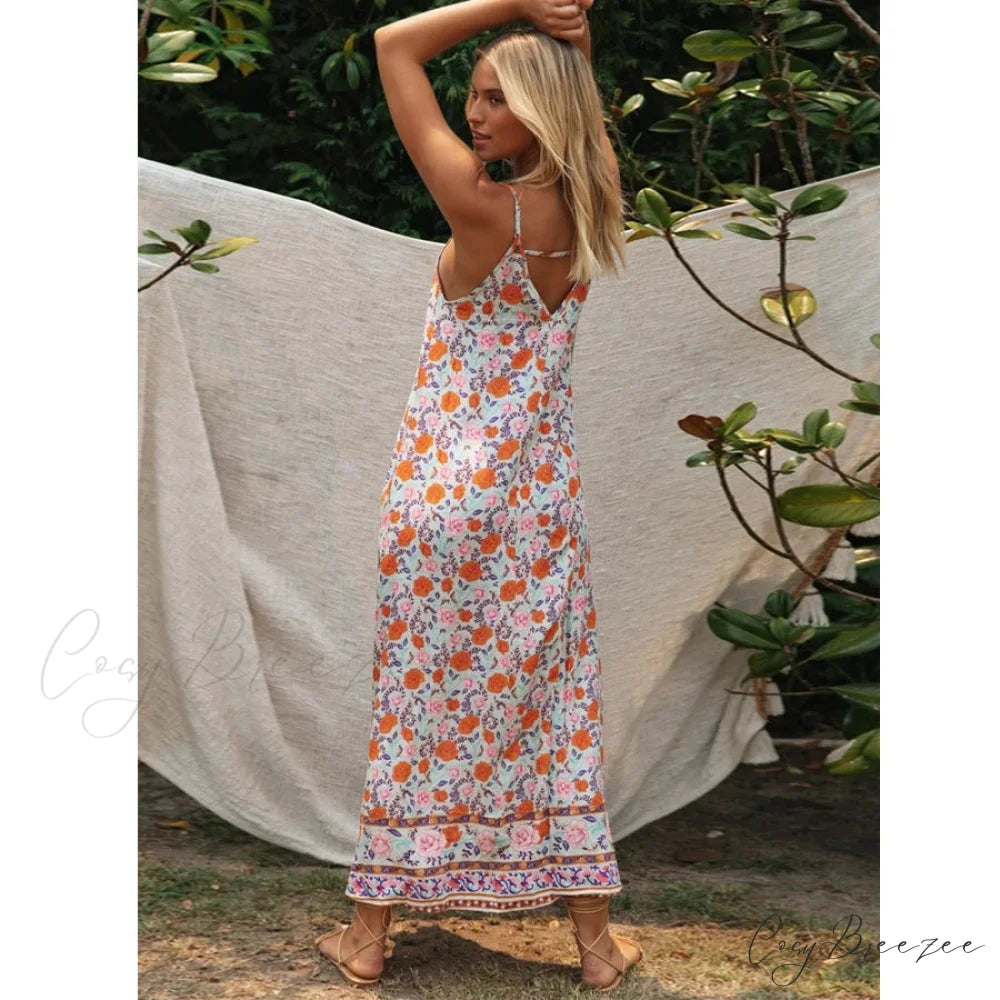 Sleeveless Strap Backless Deep V-neck Summer Dress bohodress-250126