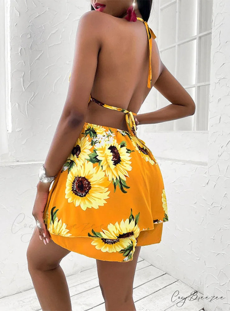 Sleeveless Sunflower Dress with Drawstring M / BLACK