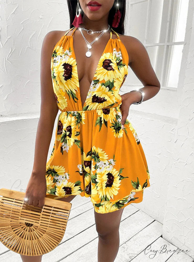 Sleeveless Sunflower Dress with Drawstring M / YELLOW