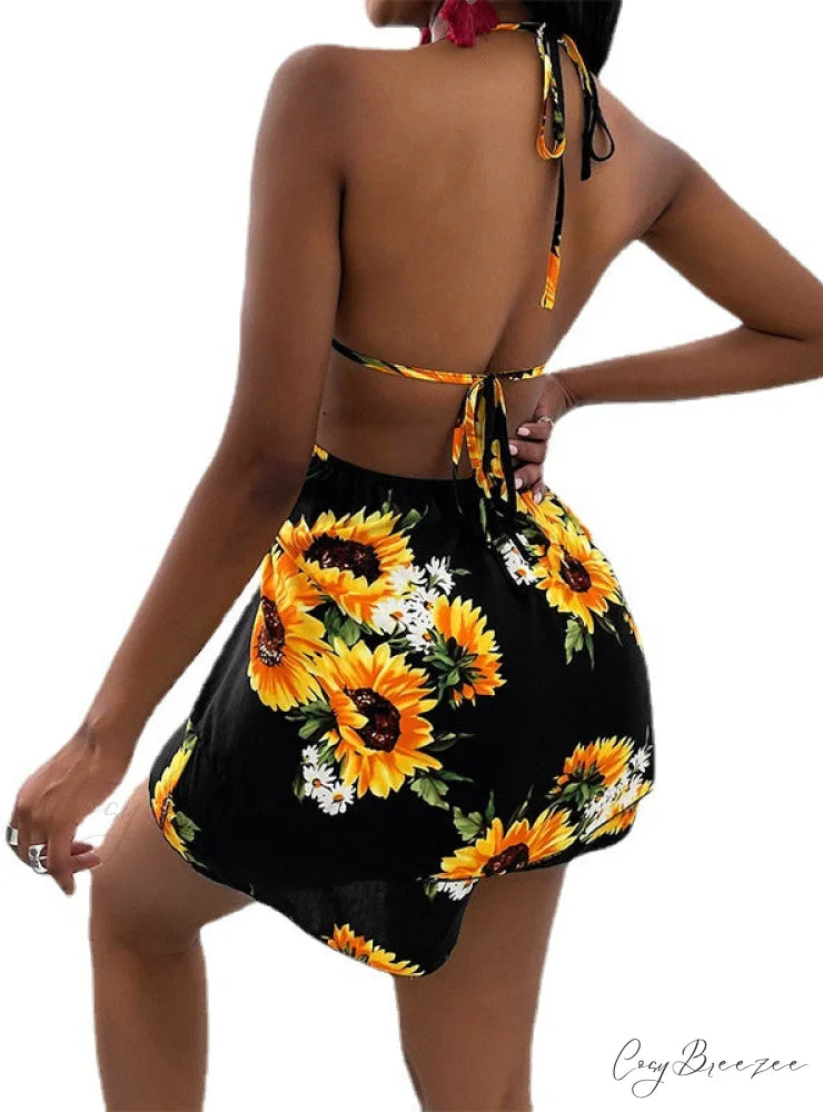 Sleeveless Sunflower Dress with Drawstring S / YELLOW
