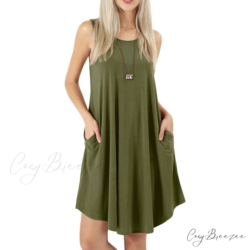 Sleeveless Swing T-Shirt Dress with Pockets for Women Army Green / S