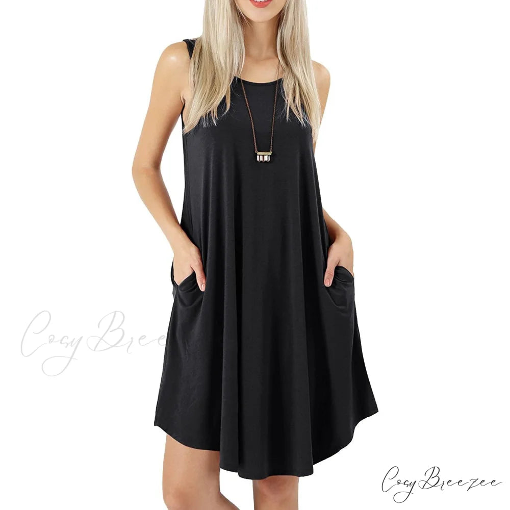 Sleeveless Swing T-Shirt Dress with Pockets for Women Black / S