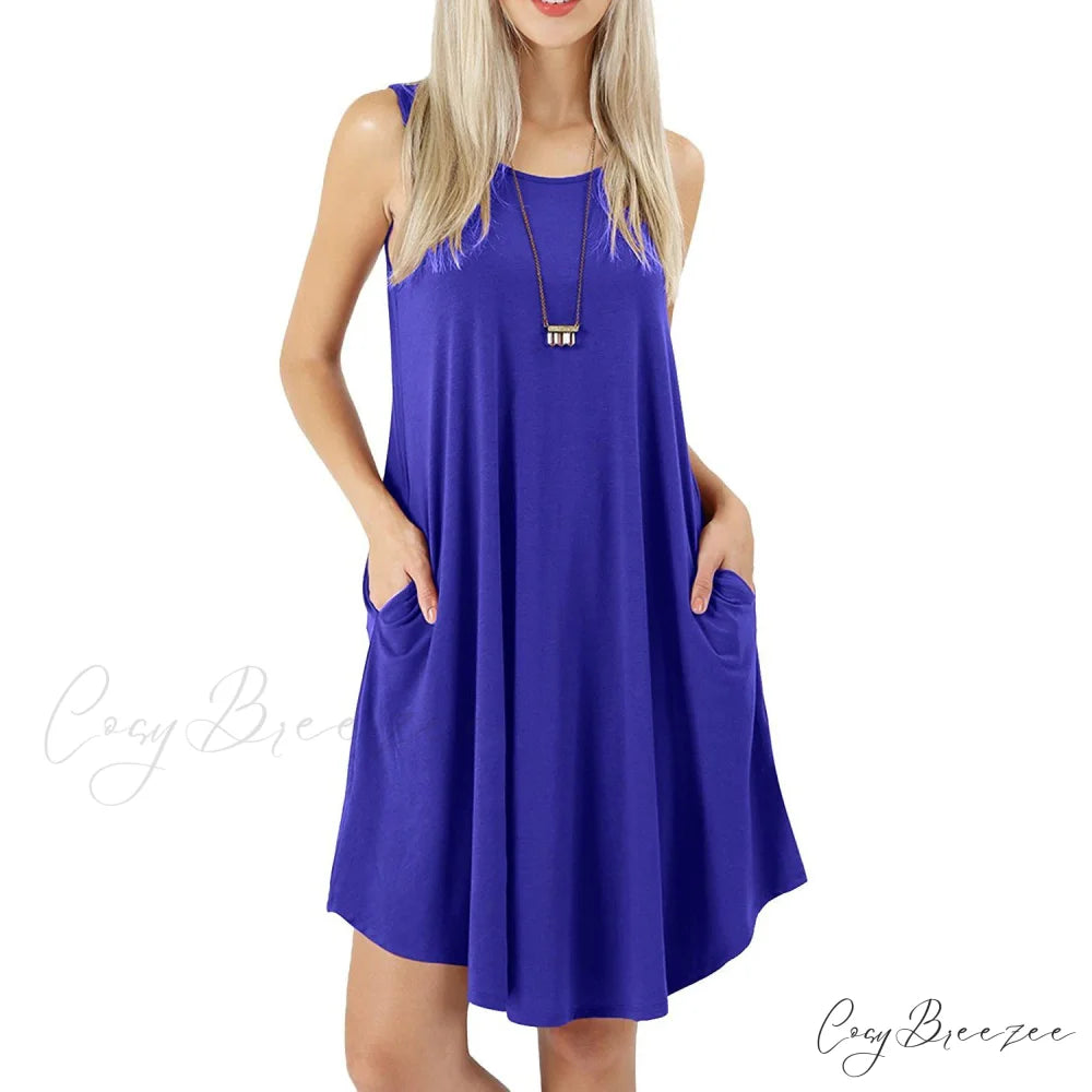 Sleeveless Swing T-Shirt Dress with Pockets for Women Blue / S