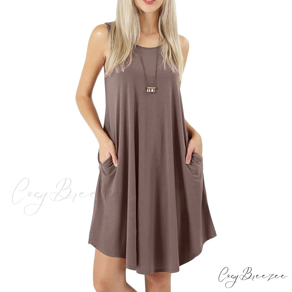 Sleeveless Swing T-Shirt Dress with Pockets for Women Khaki / S