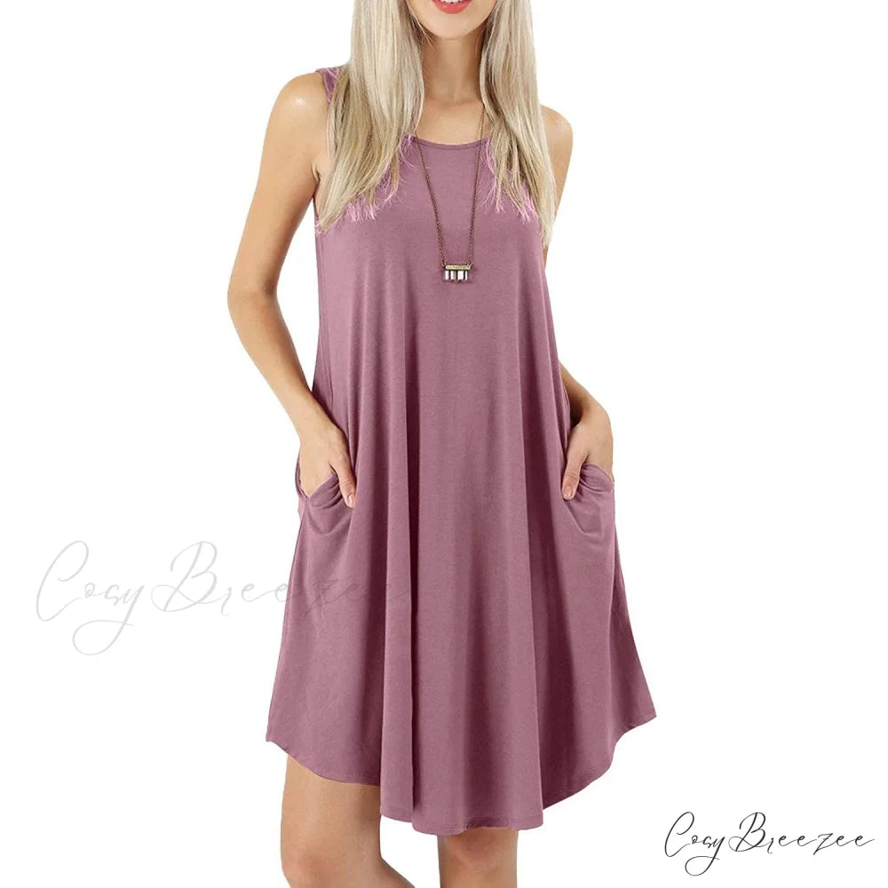 Sleeveless Swing T-Shirt Dress with Pockets for Women Purple / S