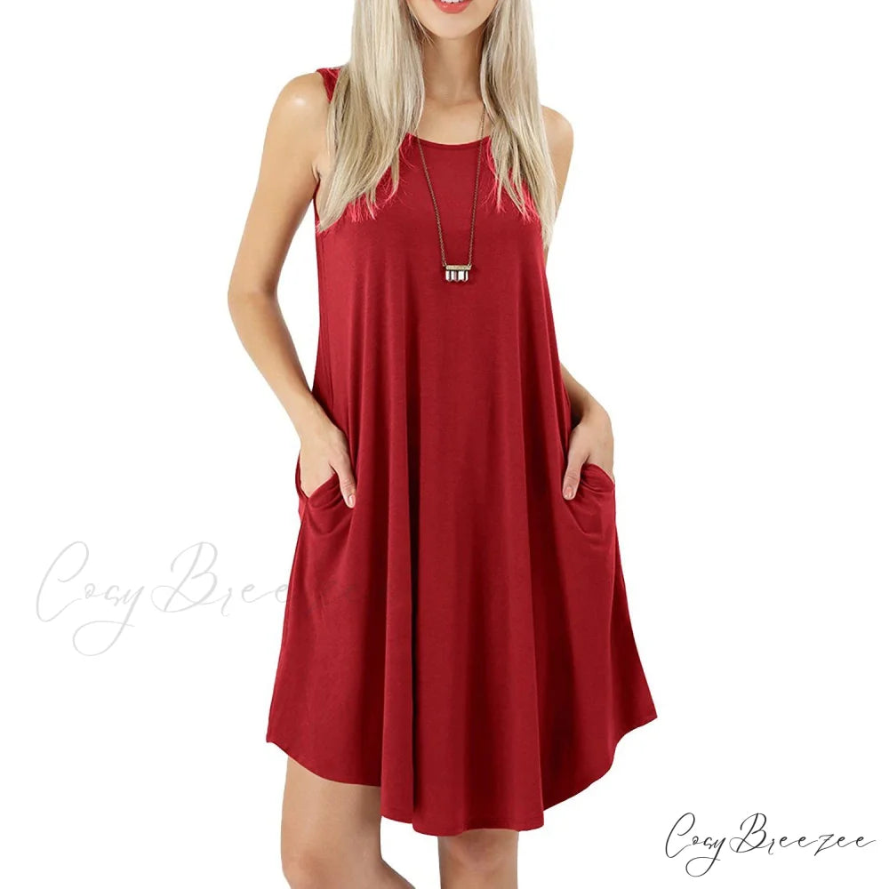 Sleeveless Swing T-Shirt Dress with Pockets for Women Wine / S