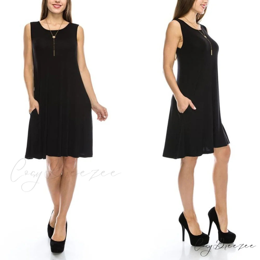 Sleeveless Tunic Dress with Pockets - Various Sizes Black / S
