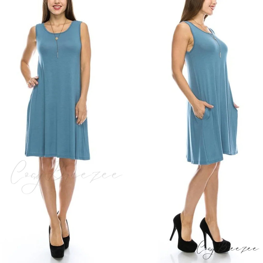 Sleeveless Tunic Dress with Pockets - Various Sizes Denim Blue / S