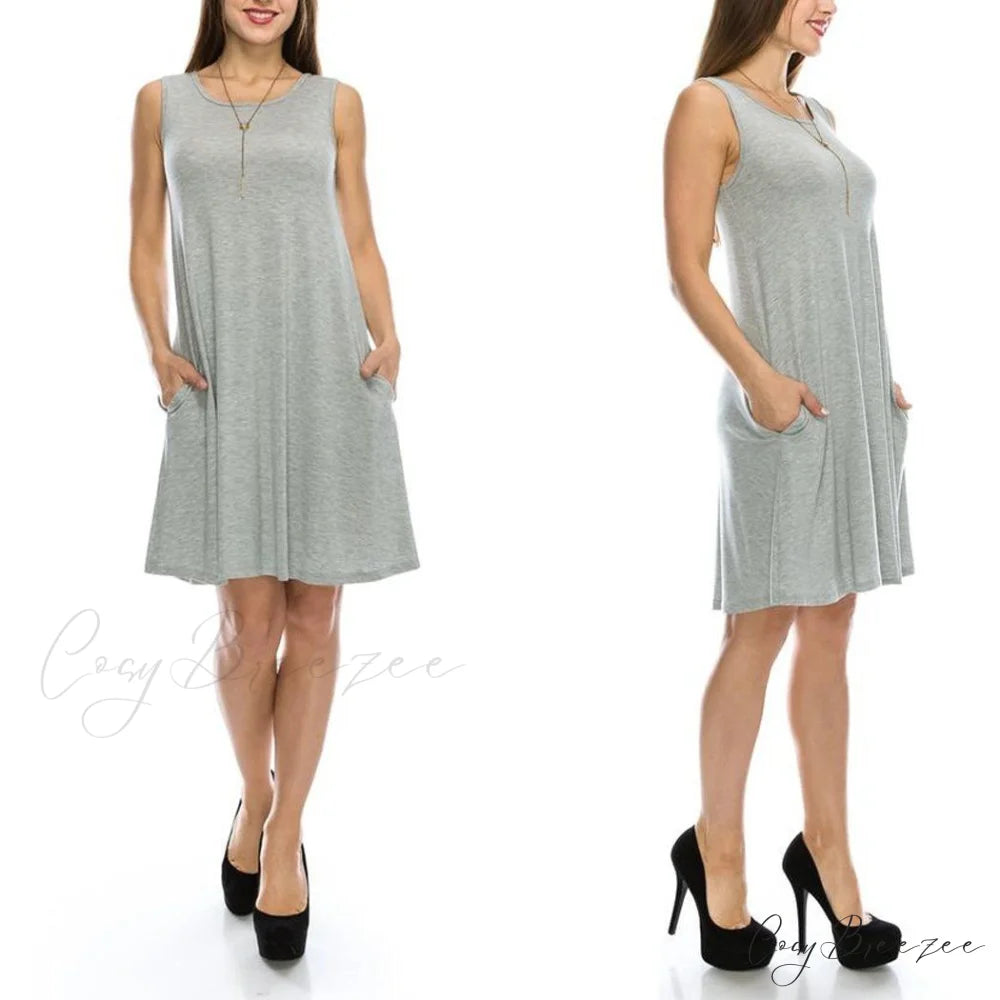 Sleeveless Tunic Dress with Pockets - Various Sizes Heather Gray / S