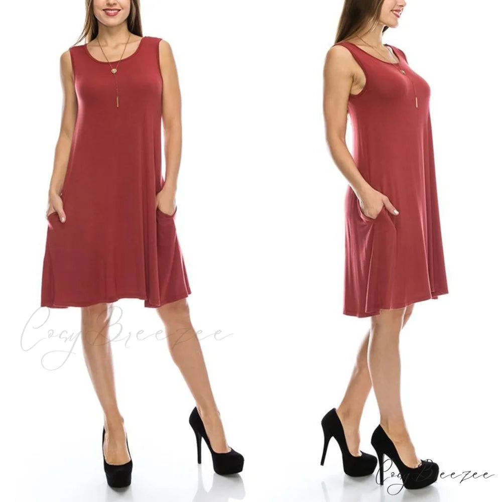 Sleeveless Tunic Dress with Pockets - Various Sizes Rust / S