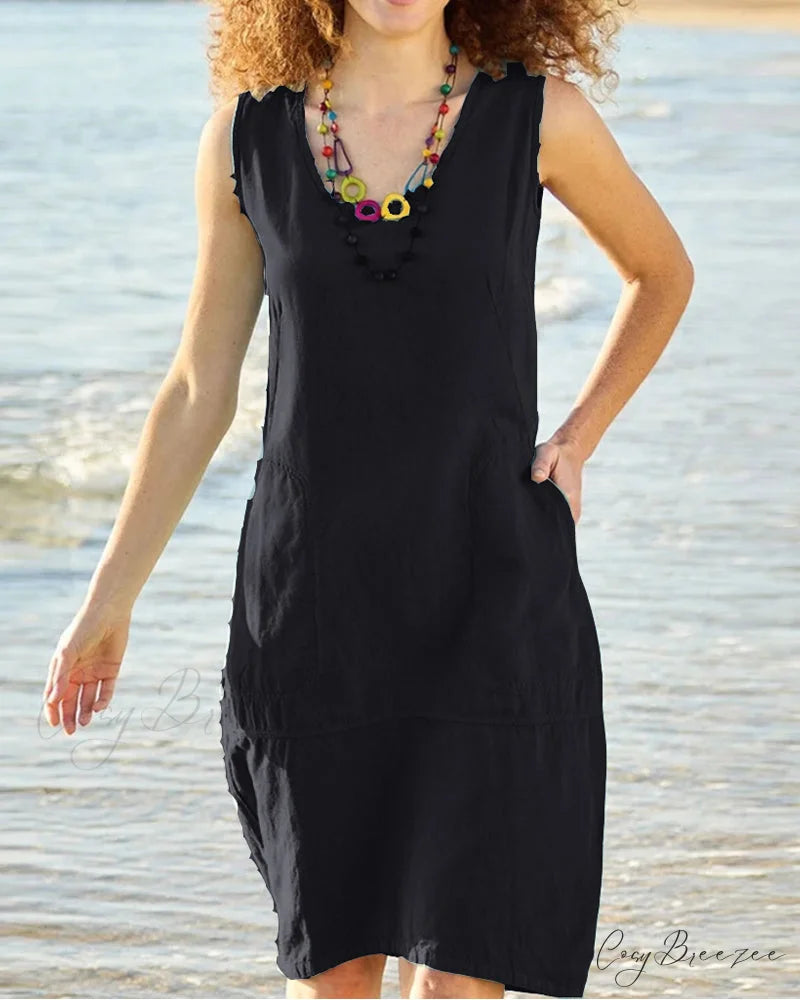 Sleeveless U-neck Dress with Pocket Black / S