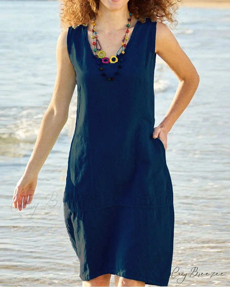 Sleeveless U-neck Dress with Pocket Dark blue / S