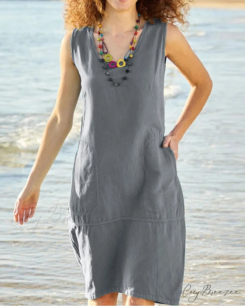 Sleeveless U-neck Dress with Pocket Gray / S