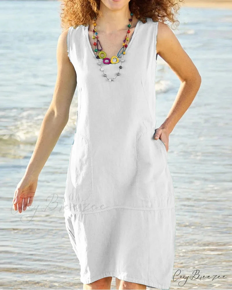 Sleeveless U-neck Dress with Pocket White / S