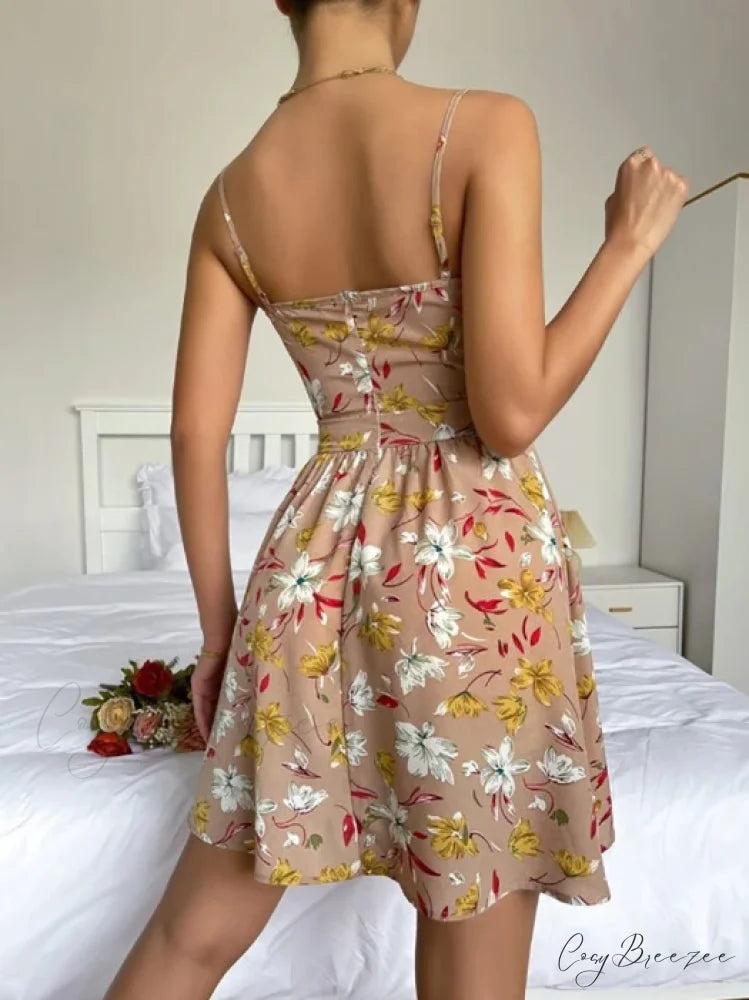 Sleeveless V-Neck Backless Mini Dress for Summer Parties L / KHAKI