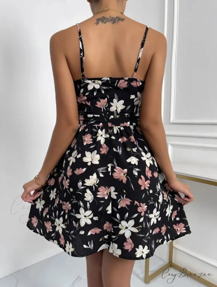 Sleeveless V-Neck Backless Mini Dress for Summer Parties M / KHAKI