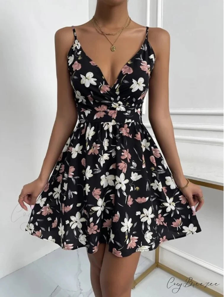 Sleeveless V-Neck Backless Mini Dress for Summer Parties S / BLACK