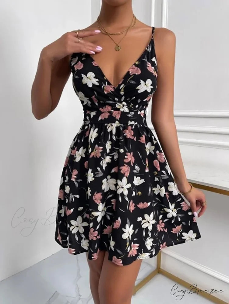 Sleeveless V-Neck Backless Mini Dress for Summer Parties S / KHAKI