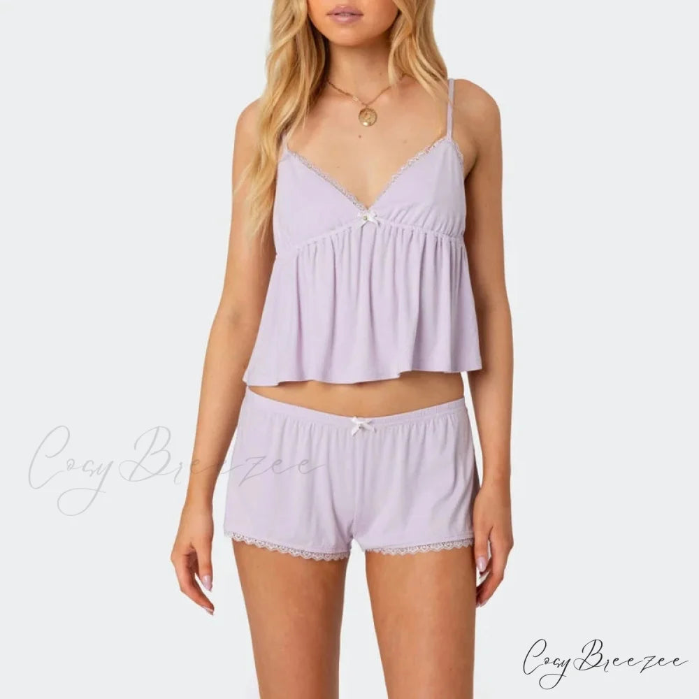 Sleeveless V Neck Cami Babydoll Crop Top Lace Trim Shorts Two Pieces Set PURPLE / S twopiecesset-250126