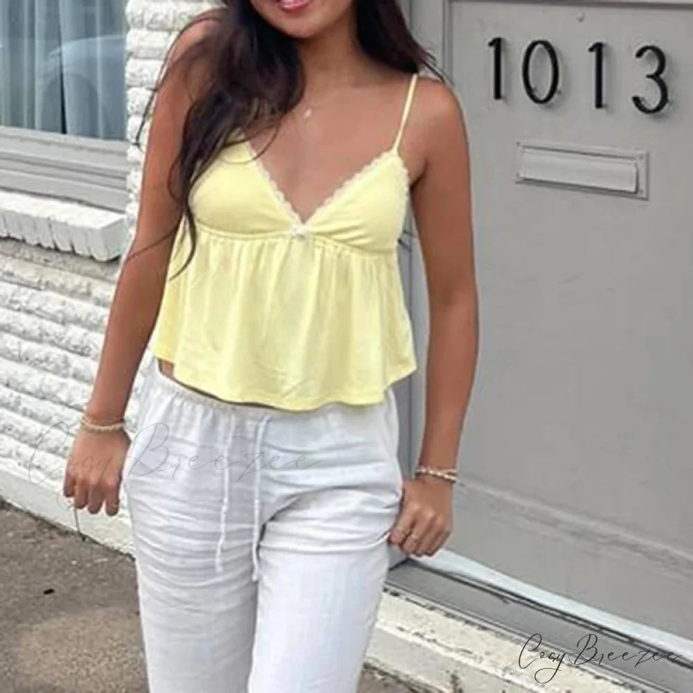Sleeveless V Neck Cami Babydoll Crop Top Lace Trim Shorts Two Pieces Set twopiecesset-250126