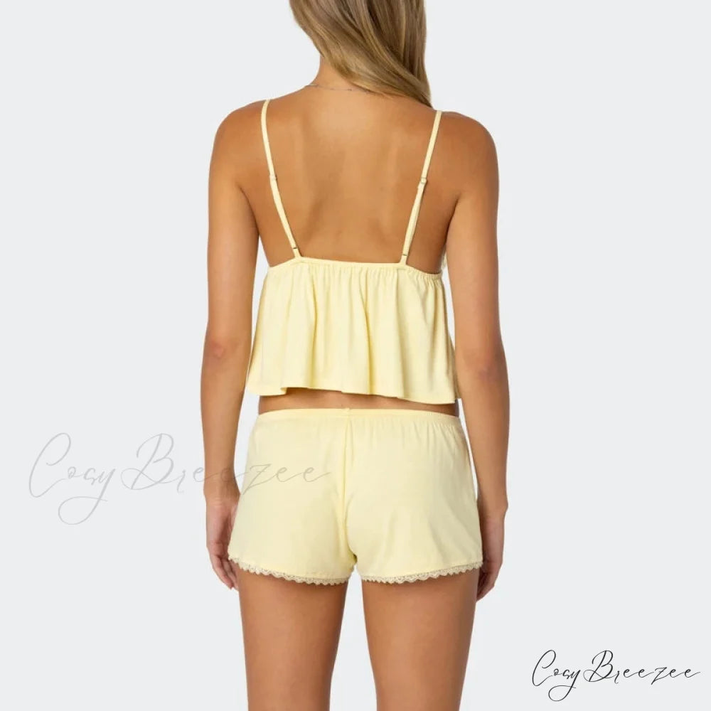 Sleeveless V Neck Cami Babydoll Crop Top Lace Trim Shorts Two Pieces Set twopiecesset-250126
